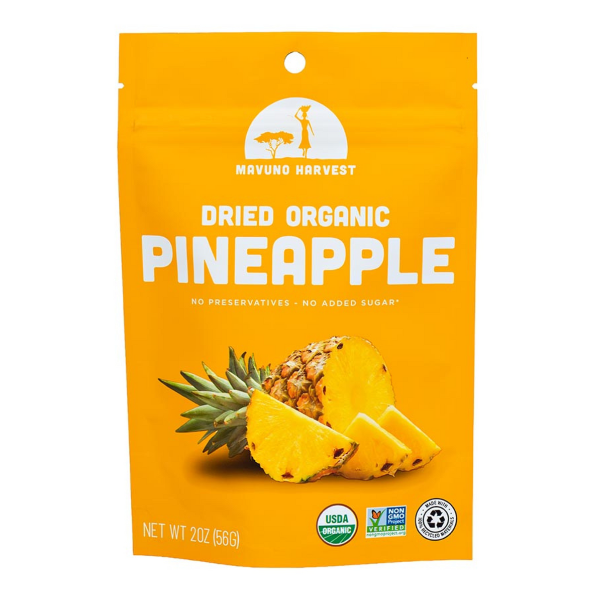 Mavuno Harvest Organic Dried Pineapple pouch with dried pineapple pieces