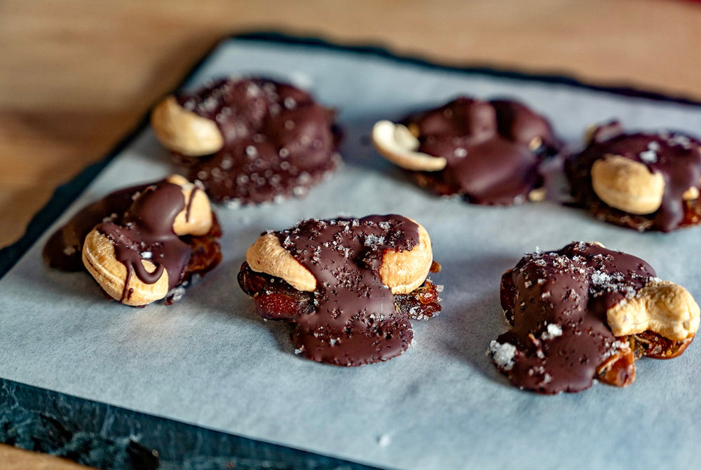 Dark Chocolate & Date Turtles on Baking sheet