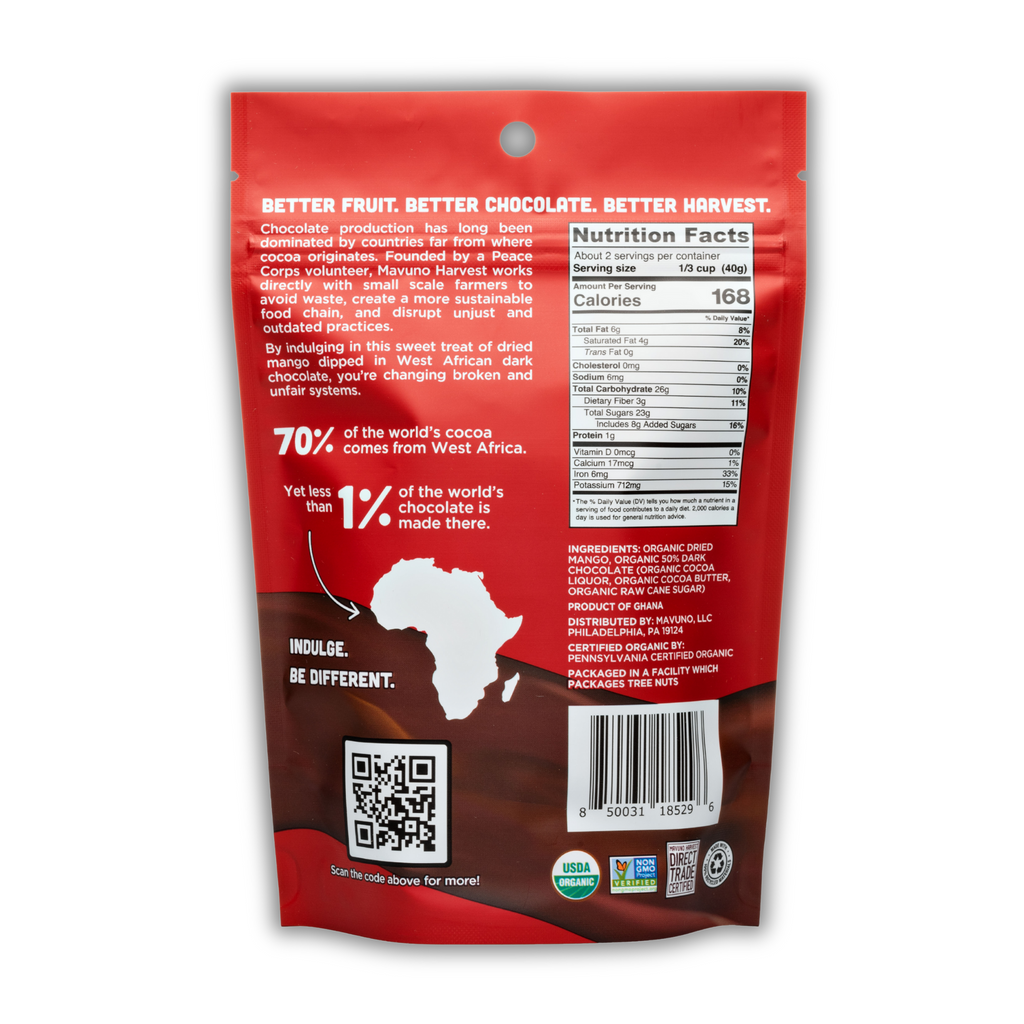 Organic Dried Mango Dipped in Dark Chocolate pouch back