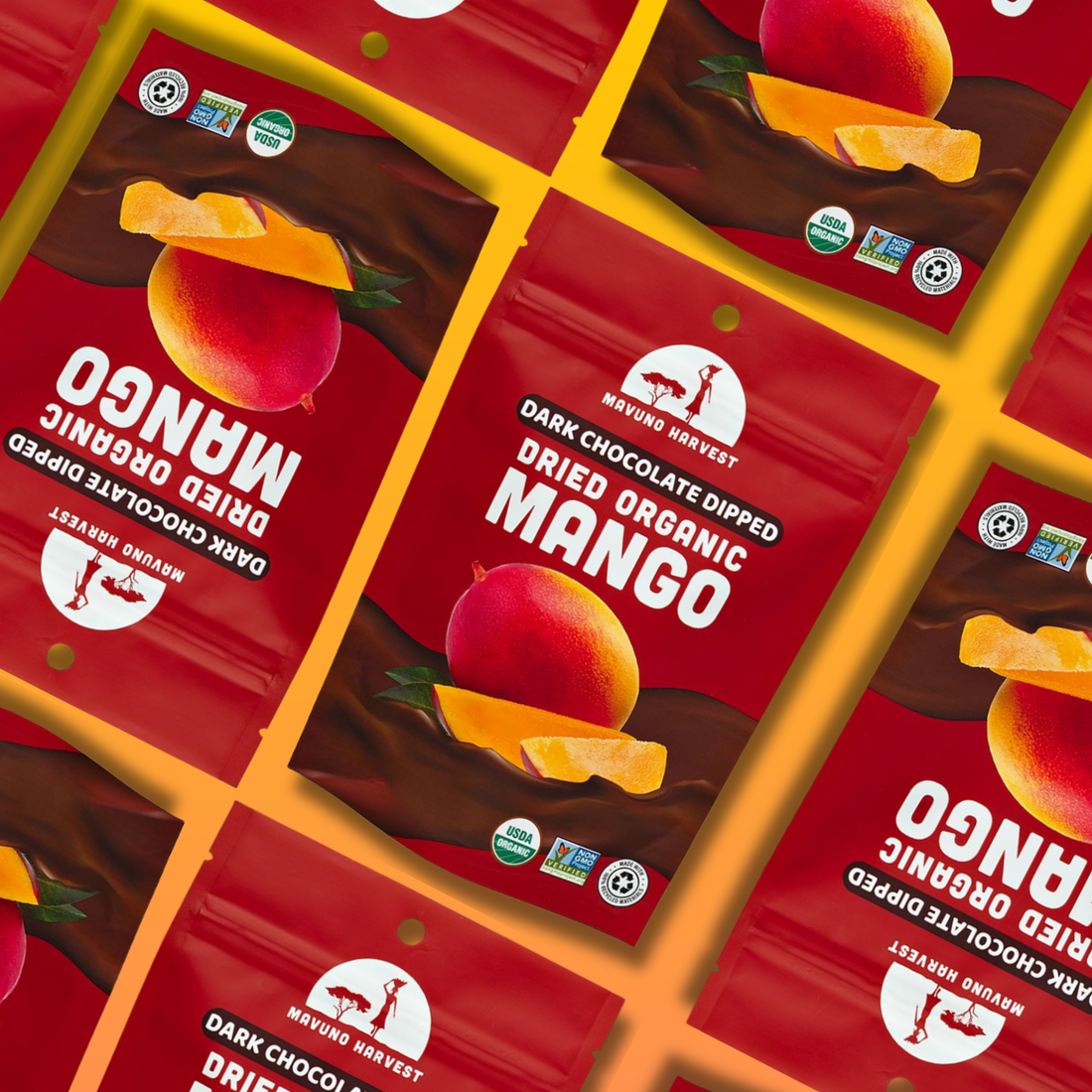 Mavuno chocolate-dipped mango snack and ingredients