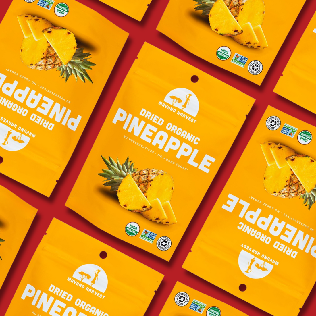 Mavuno dried pineapple packages and pineapple pieces