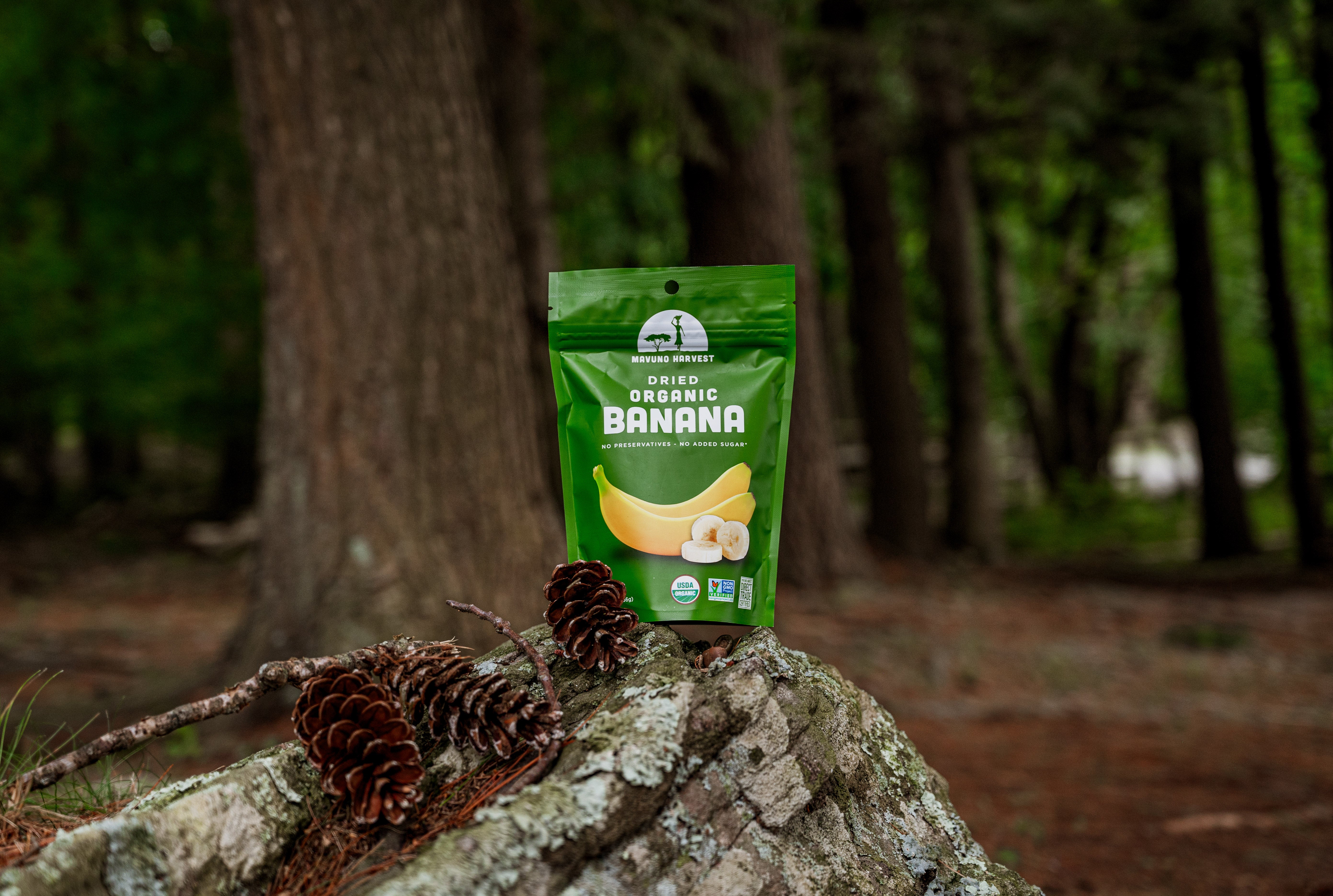 Mavuno organic dried banana pouch in an outdoor setting