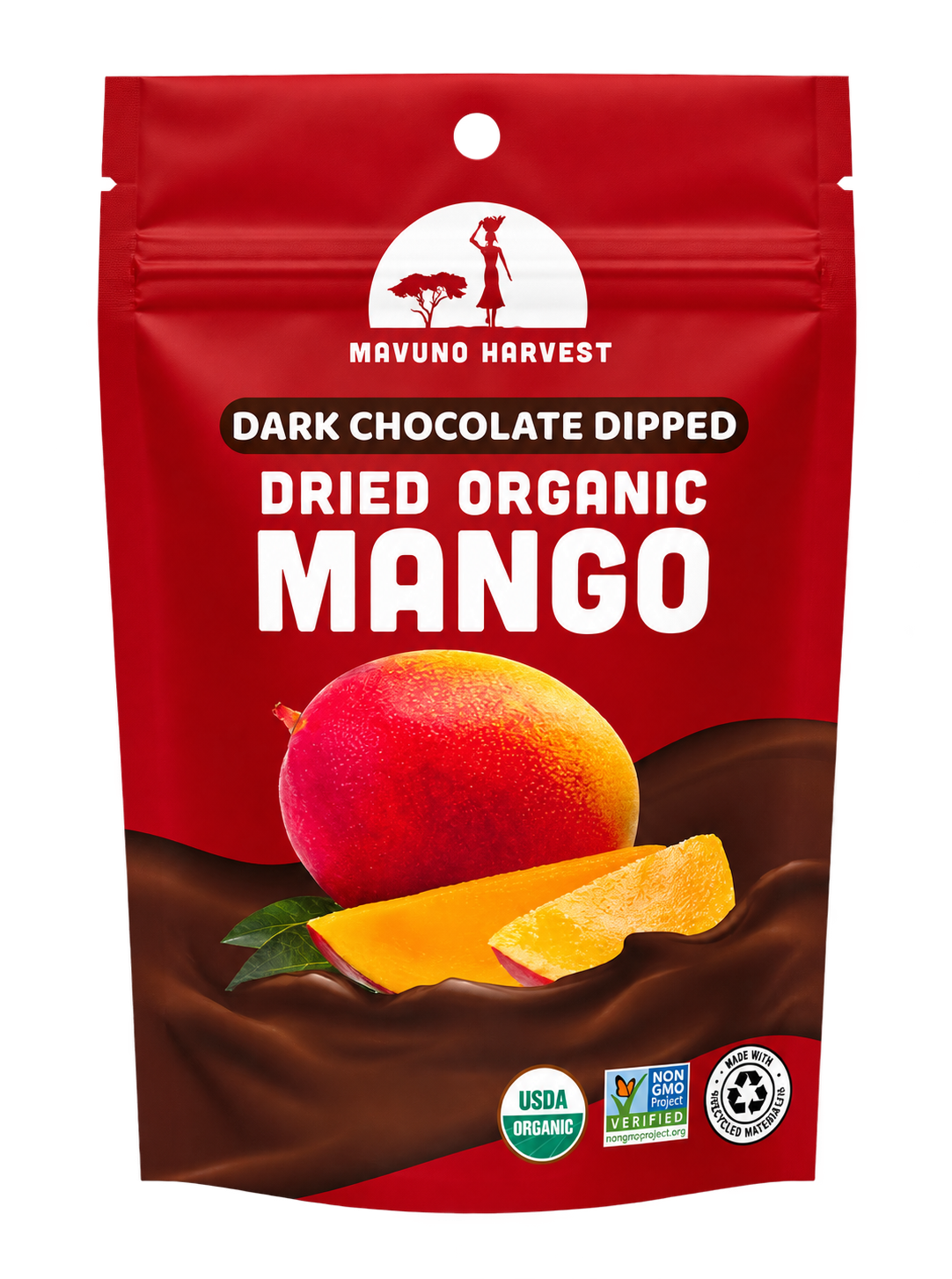 Mavuno Harvest dark chocolate dipped dried organic mango pouch