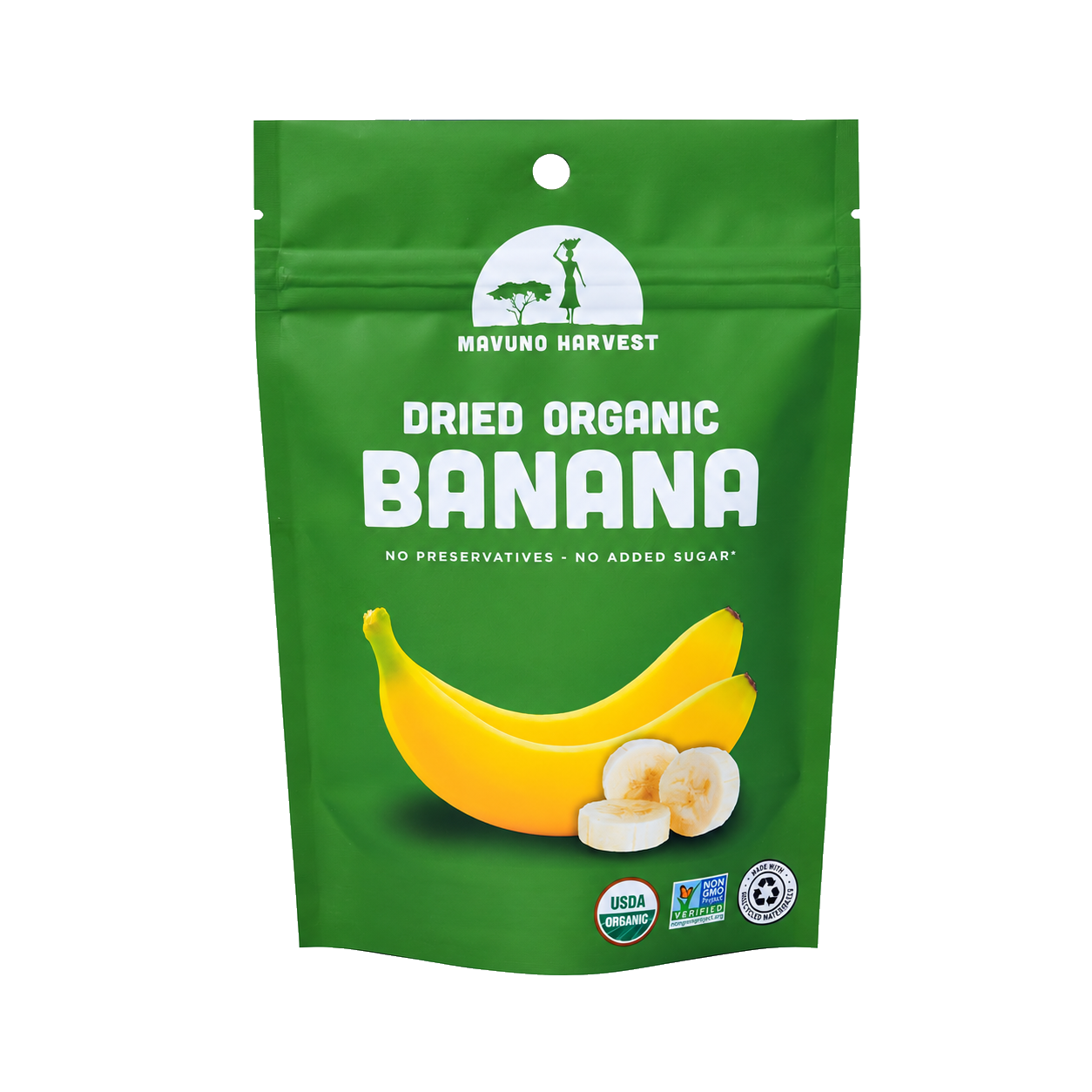 Organic Dried Banana pouch, universal artwork without net-weight print