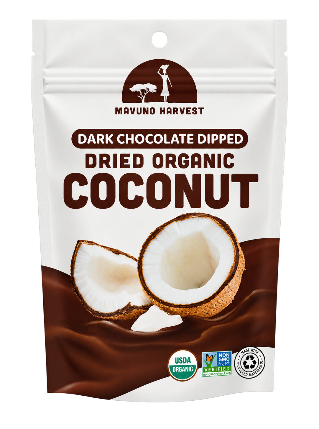 Mavuno Harvest dark chocolate dipped dried organic coconut pouch