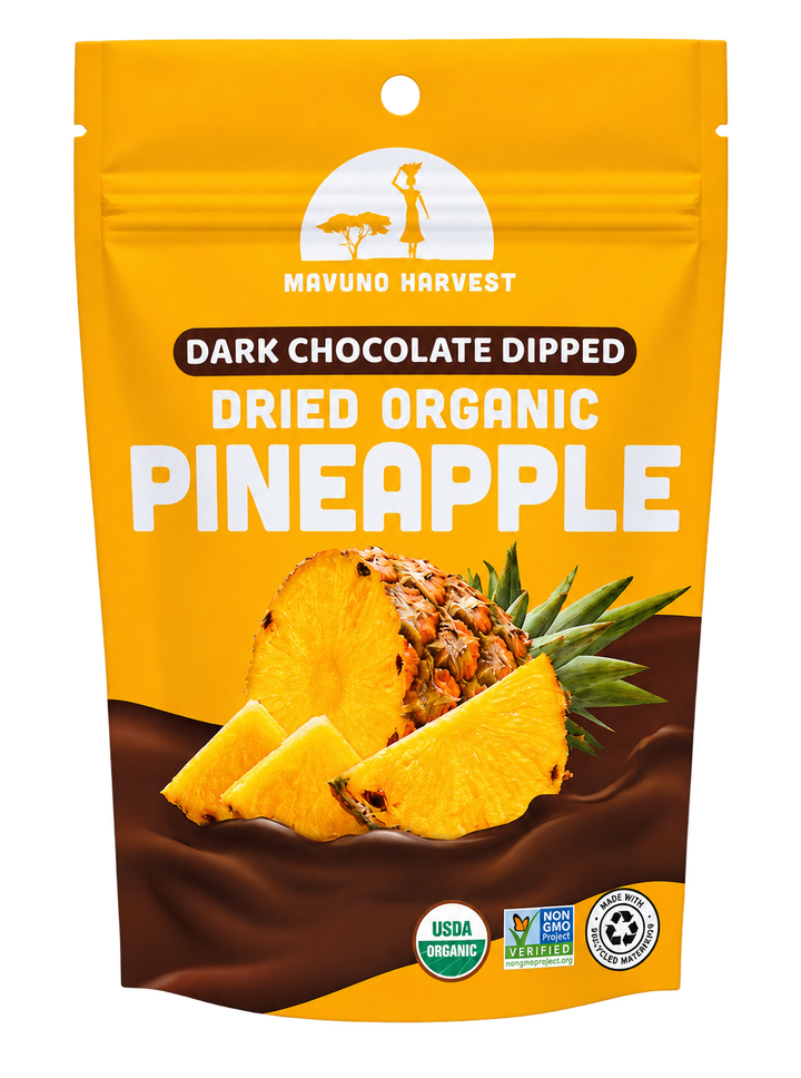Organic Dried Pineapple Dipped in Dark Chocolate pouch, universal artwork without net-weight print