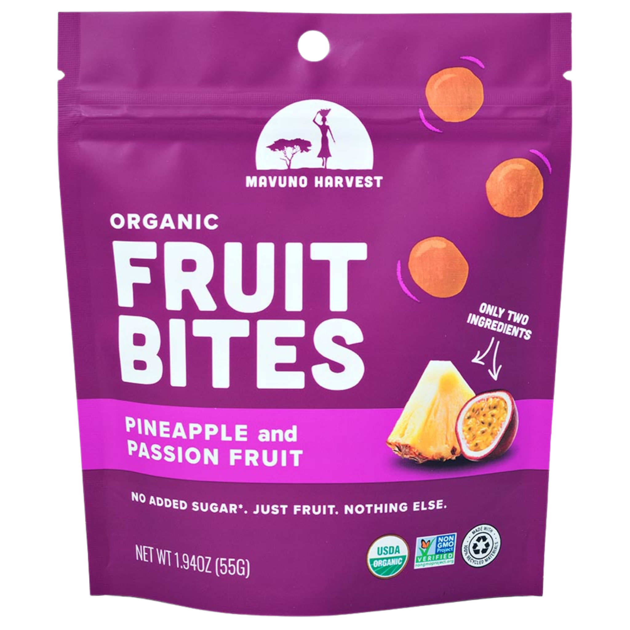 Organic Fruit Bites: Pineapple & Passionfruit pouch artwork