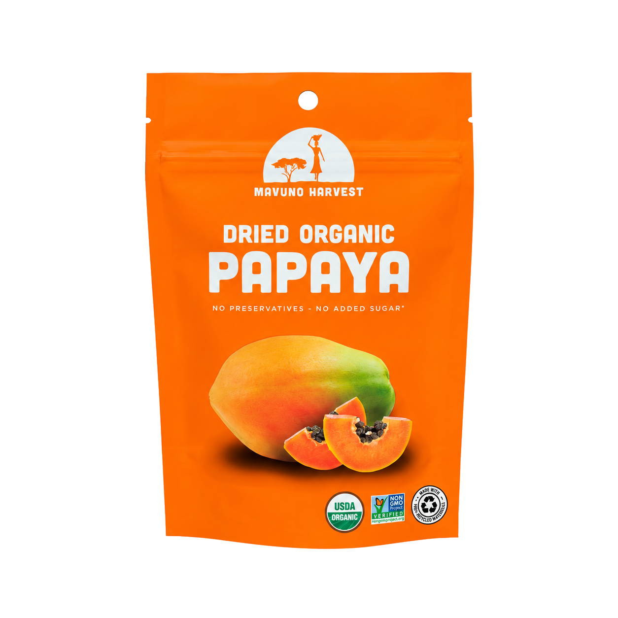 Organic Dried Papaya pouch, universal artwork without net-weight print