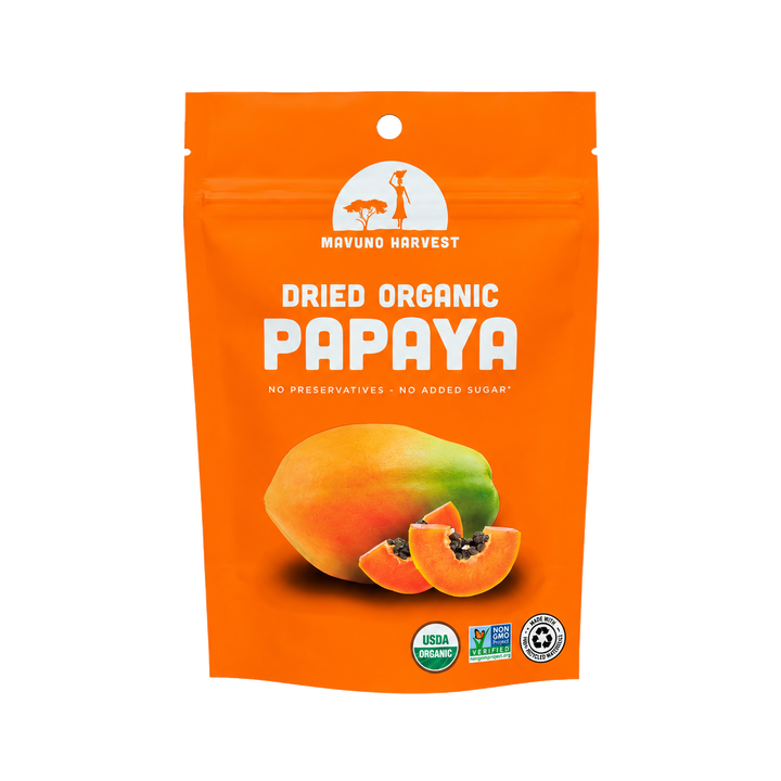 Organic Dried Papaya pouch, universal artwork without net-weight print