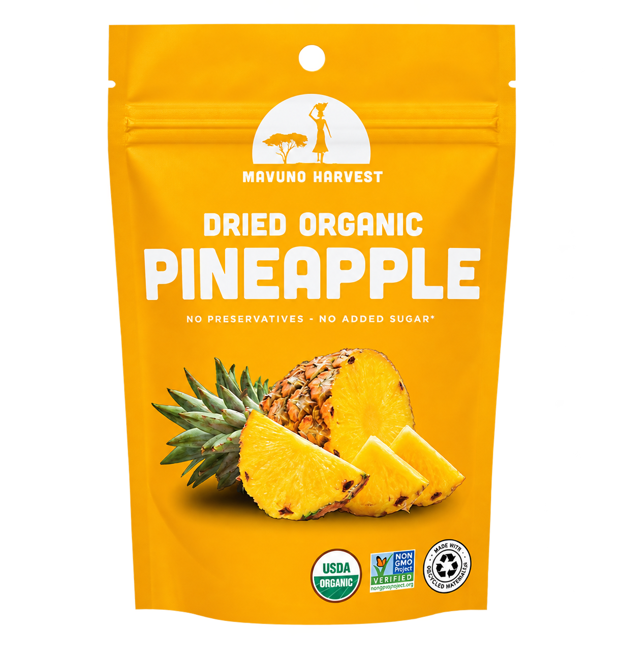 Organic Dried Pineapple pouch, universal artwork without net-weight print