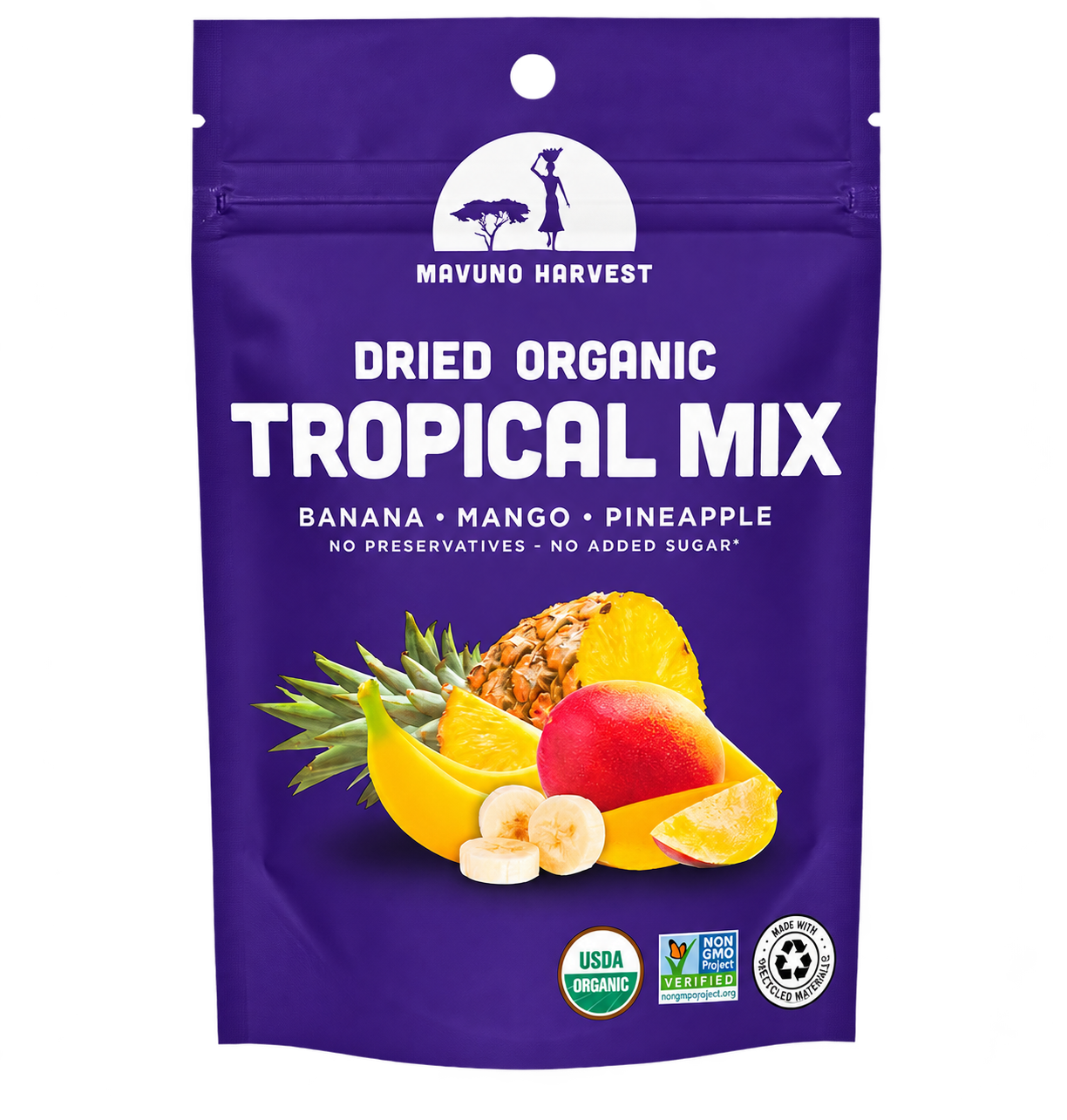 Organic Dried Tropical Mix pouch, universal artwork without net-weight print