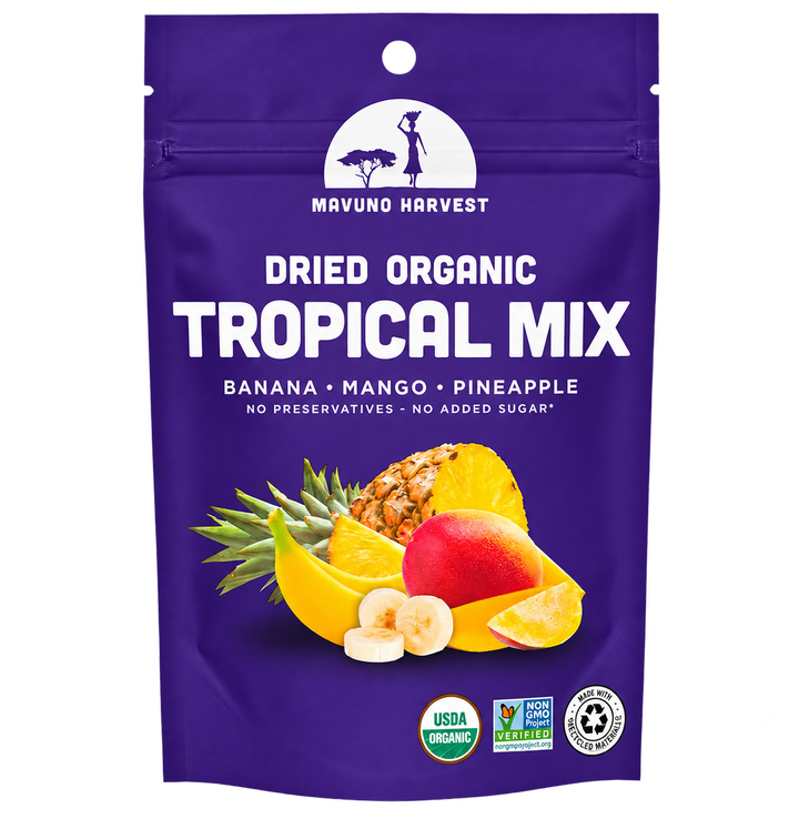 Organic Dried Tropical Mix pouch, universal artwork without net-weight print